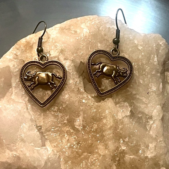 Jewelry - Year Of The Ox Chinese Zodiac Bronze Earrings-Boho Rustic Heart Western Gift-New
